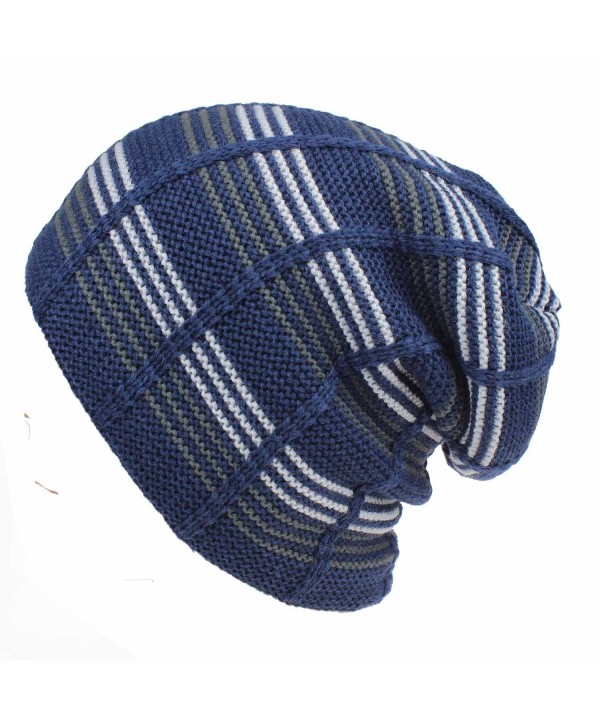 JAKY Global Mens Knit Beanie Skull Hat -Stripe Soft Fleece Lined Thick Warm Winter Cap Ski Hats - Navy - CQ12MY8L5R2