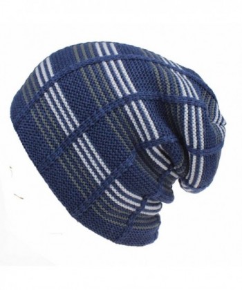 JAKY Global Mens Knit Beanie Skull Hat -Stripe Soft Fleece Lined Thick Warm Winter Cap Ski Hats - Navy - CQ12MY8L5R2