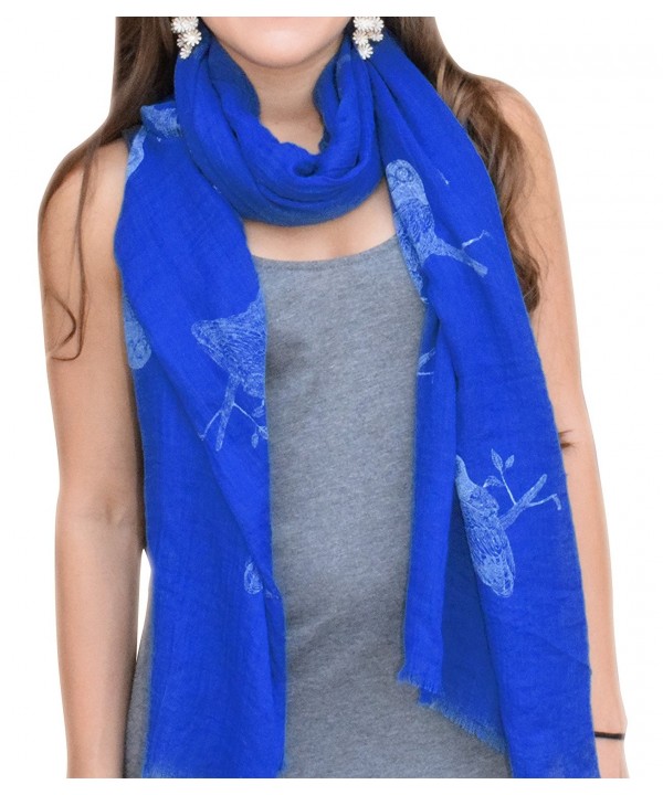 Peach Couture Lightweight Graphic Animal Owl Print Summer Fringe Scarf - Blue White - CC11YOSVMG7