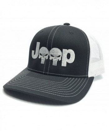 Jeep Logo With Punisher Skull Symbol Embroidered Mesh/Twill Cap - White/Charcoal - C712EBNLA0B