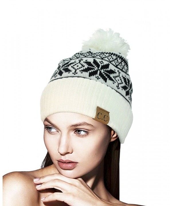 NYFASHION101 Exclusive Snowflake Pattern Pom Pom Winter Cuff Beanie Hat - White - CJ12709FZ7D