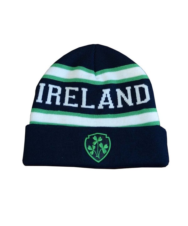 Traditional Craft Knitted Navy Beanie Hat With Ireland Lettering and Embroidered Shamrock Crest - C511ZDM8H2Z