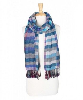 Multi Color Plaid Long Scarf with Long Fringe Square Pattern Scarf - Blue - C118735AMY5