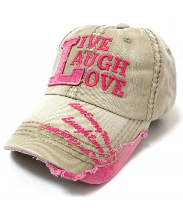 Khaki Vintage Cap w/Barbie Pink Live Laugh Love Patch Embroidery Details - CY185W4Y4ZR