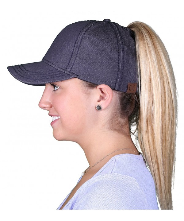 Funky Junque's Women's C.C High Ponytail Messy Bun Denim Adjustable Baseball Cap - Grey Denim - CY182A9XHDH