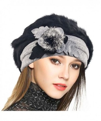 VECRY Lady French Beret 100% Wool Beret Floral Dress Beanie Winter Hat - Angola-black - C712OB9J69O