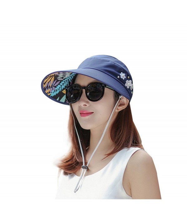 Women Girls Outdoor Open Baseball Cap with Flower and Pearl Roll-up Crochet Headwear - Blue - CJ17YHZSCHK