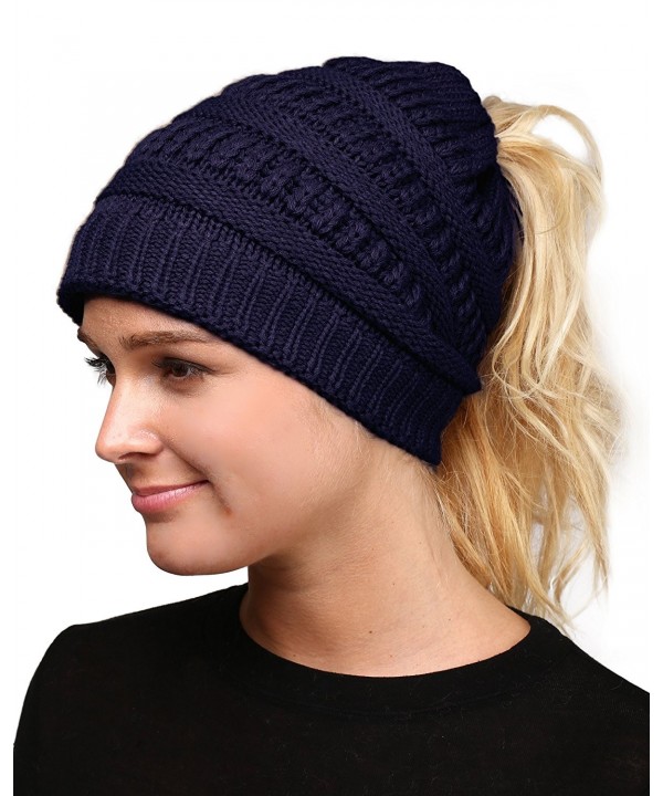 MIRMARU Women's All Season Daily Adjusted Ponytail Messy Bun Beanie Hat. - Navy - CQ187CRS35R