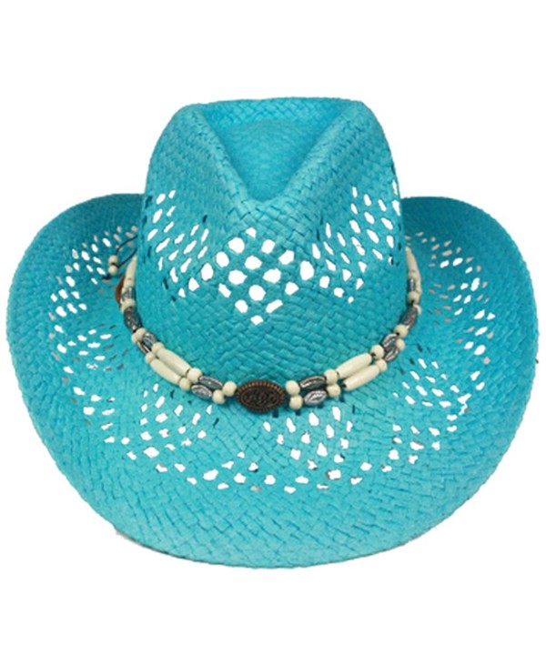 Silver Fever Ombre Woven Straw Cowboy Hat with Cut-outs-Beads- Chin Strap - Turquoise- Beaded - C9184XL5YYA