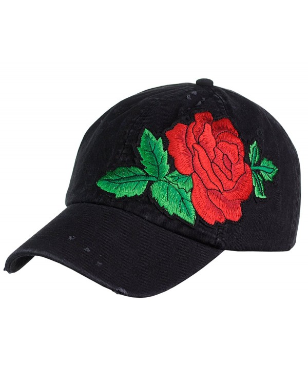 NYFASHION101 Embroidered Rose Flower Patch Adjustable Baseball Cap Hat - Black - CX184HH3CH4