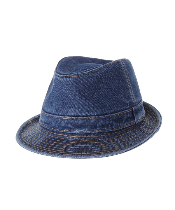 WITHMOONS Denim Fedora Hat Plain Stitch Washed Short Brim DW6646 - Blue - C1182ZLG2G7