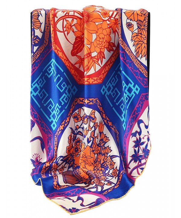 Grace Scarves 100% Silk Scarf- Large- Charmeuse - Floral Baskets- Blue/Orange - CB188QT752X