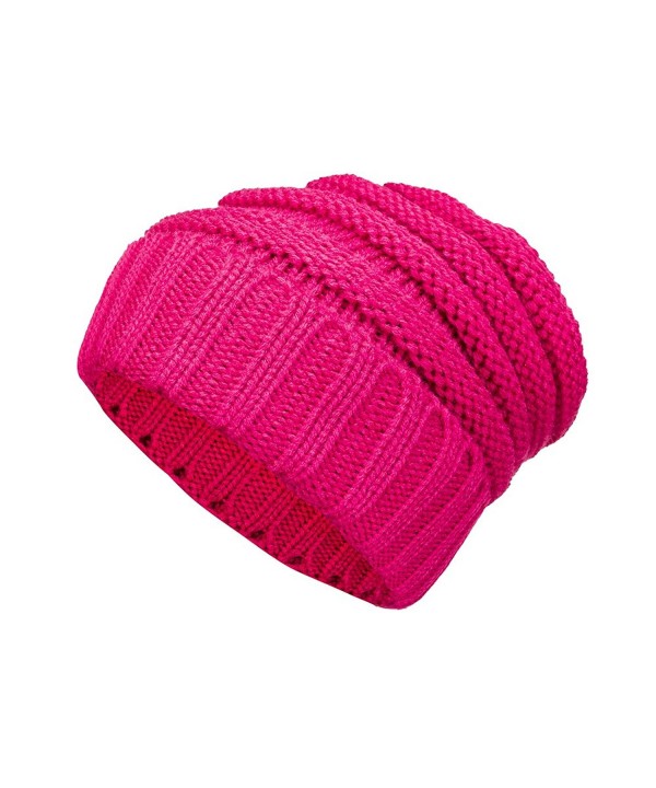 Lemef Soft Stretch Cable Knit Beanie Slouchy Skull Cap Warm Winter Hat - Rose Red - CI188ULTSUY