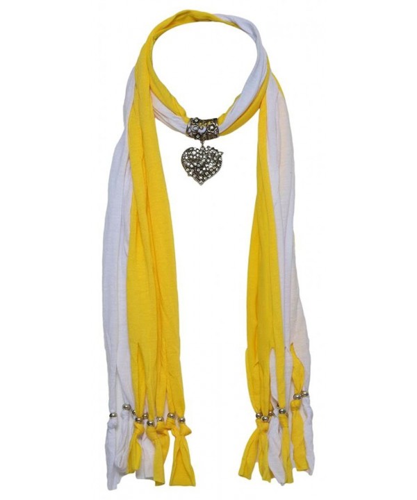 Womens Fashion Scarf w/ Studded Heart-Shaped Necklace - Yellow/White - CU11J0OHH19