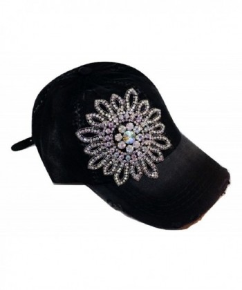 Olive & Pique Women's Large AB Iridescent Crystal Flower Distressed Baseball Cap - Black - CX17Y0XWM9H