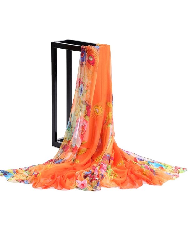 Poliking Women's Lightweight Peacock Feather Printed Large Chiffon Scarf - Orange-feather - CI182YO7S3E