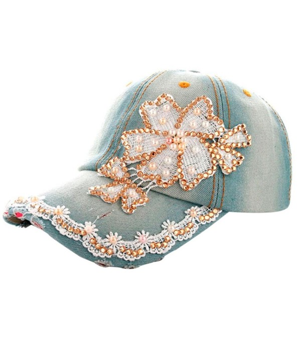 Highpot Women Lace Denim Rhinestone Baseball Cap Floral Snapback Flat Hat - Blue - CX182HNZXZ7
