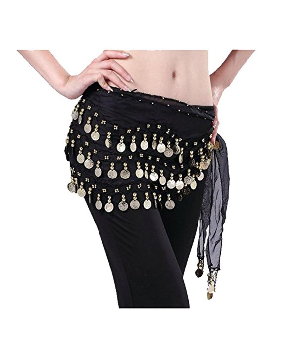 Women Chiffon Dangling 3 Rows Gold Coins Hip Scarf Wrap Belt for Belly Dancing - Black-2 - CV189O3TIDN