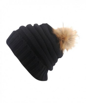 Caribbean Touch Women's Knit Slouchy Beanie Hat With Pom Pom Fur - Black - CD12NBAIVD5