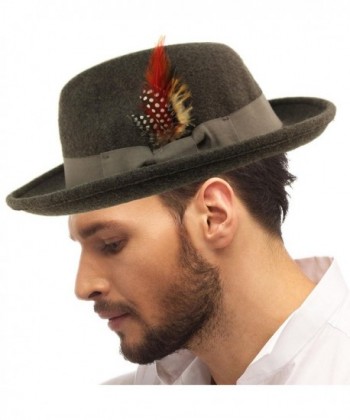 Men's Godfather Homburg Feather Warm Derby Fedora Trilby Upturn Brim Hat - Gray - CA187WOI8NI