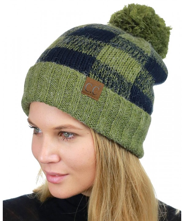 C.C Soft Stretch Pom Pom Fuzzy Lined Buffalo Plaid Cuff Beanie Hat - Olive/Navy - C3187C3ZG37