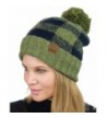 C.C Soft Stretch Pom Pom Fuzzy Lined Buffalo Plaid Cuff Beanie Hat - Olive/Navy - C3187C3ZG37