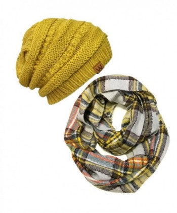 Wrapables Plaid Print Infinity Winter Scarf and Beanie Hat Set- Tan and Orange - CQ12O0U7AYX