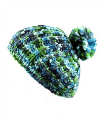 The Hat Depot 700HAT-50 Multi Color Knit Beret Tam Hat with Pom Pom - Blue/Green - CT128LYVVJH