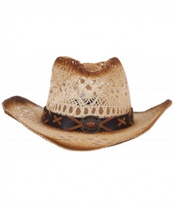 Unisex Woven Straw Cowboy Hat with Decorative Band - Nature - CQ1822Y9L96