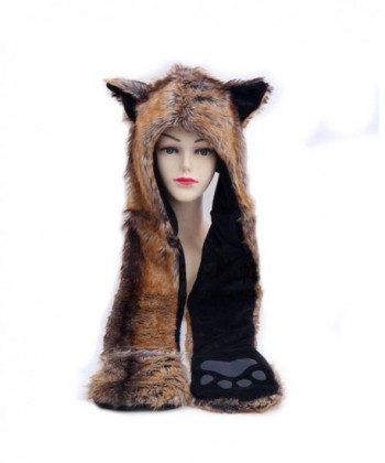 Zoopwon Faux Fur Hooded Scarf with Mittens Paws Gloves Animal Ears Hat - Wolf - C4187I5XLHC