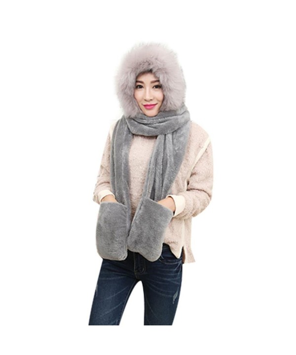 Doinshop Winter Warm Women Siamese Hoodie Gloves Pocket Earflap Hat Long Scarf Wraps - Gray - CH12O9ZGDE7