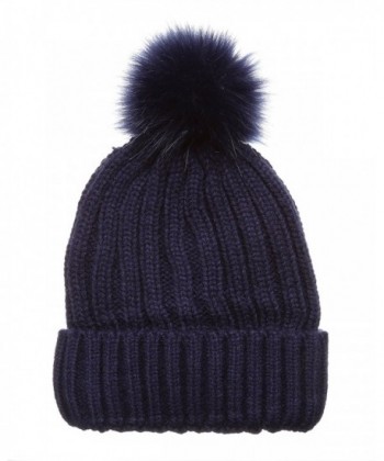 MIRMARU Winter Ribbed Knitted Skull Cap Cuff Beanie Hat with Faux Fuzzy Fur Pom Pom - Navy - CA186NK8QZC