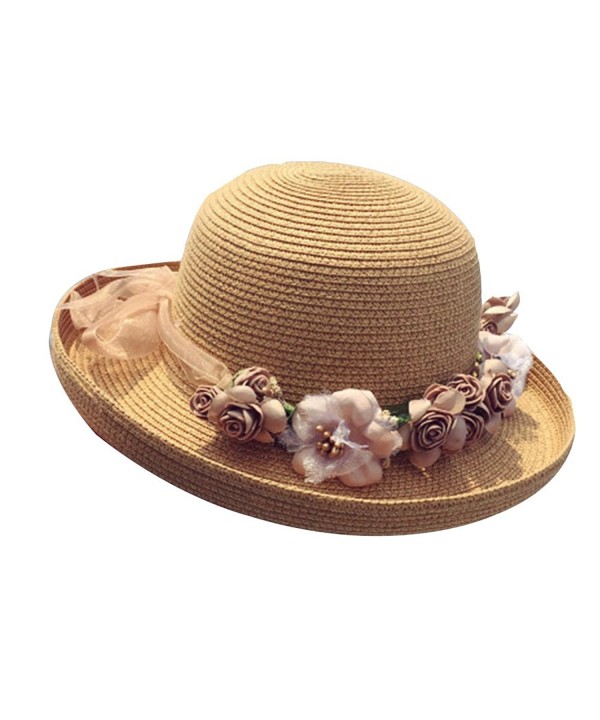 HAPEE Womens Flowers Summer Wide Large Big Brim Sun Hat Floppy Foldable Roll Up - Roundcoffee - C917YIR97U5