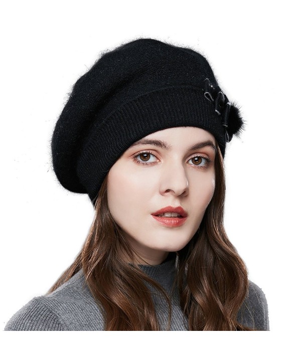 SOMALER Winter Women French Beret 100% Angora Wool Beret Beanie - Black - C6188AZMN5N