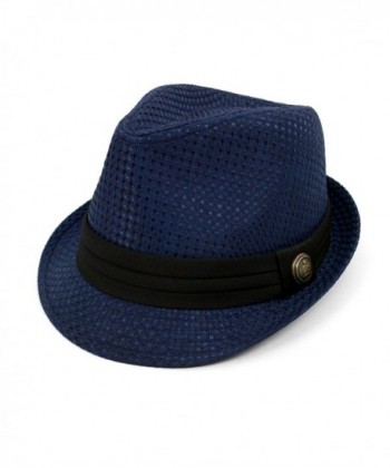 Textured Pattern Fashion Fedora with Black Band & Button - Navy - CJ17YH8O5DE