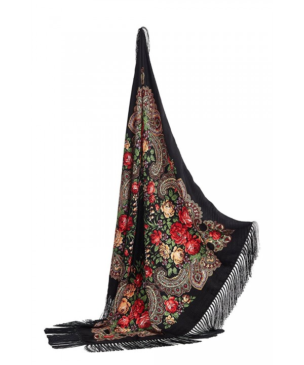 Ladies Floral Shawl With Tassels Ukrainian Polish Russian Head Wrap 38" x 38" - Black - CM17YLOHWMI