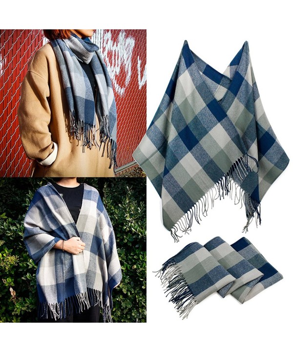 Oct17 Women's Plaid Scarf Blanket Shawl Grid Winter Cozy Tartan Wrap with Fringe - Blue Gray - CN1882YWYK7
