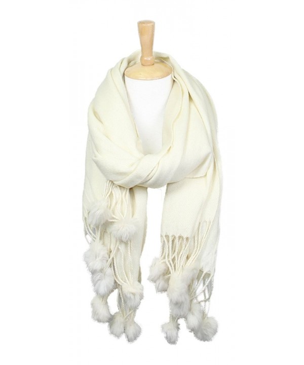 Women's Winter Warm Solid Oblong Scarf with Pom Pom Fringe - Ivory - CP188LEQDK5