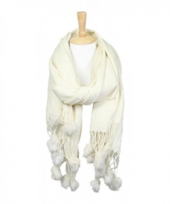 Women's Winter Warm Solid Oblong Scarf with Pom Pom Fringe - Ivory - CP188LEQDK5