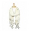 Women's Winter Warm Solid Oblong Scarf with Pom Pom Fringe - Ivory - CP188LEQDK5