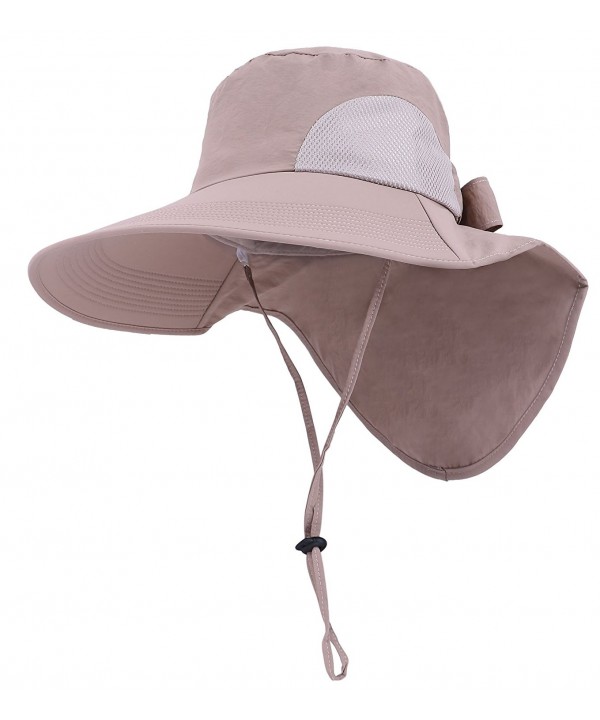 Toppers Womens Foldable Flap Cover UPF 50+ UV Protective Wide Brim Bucket Sun Hat w/Bow - Khaki - C1180OQLNWK