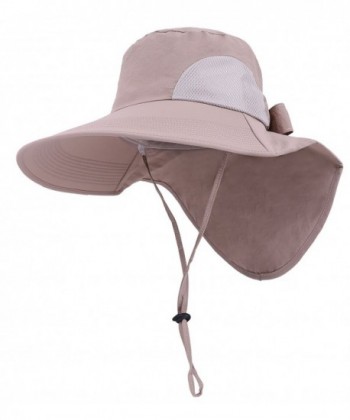 Toppers Womens Foldable Flap Cover UPF 50+ UV Protective Wide Brim Bucket Sun Hat w/Bow - Khaki - C1180OQLNWK