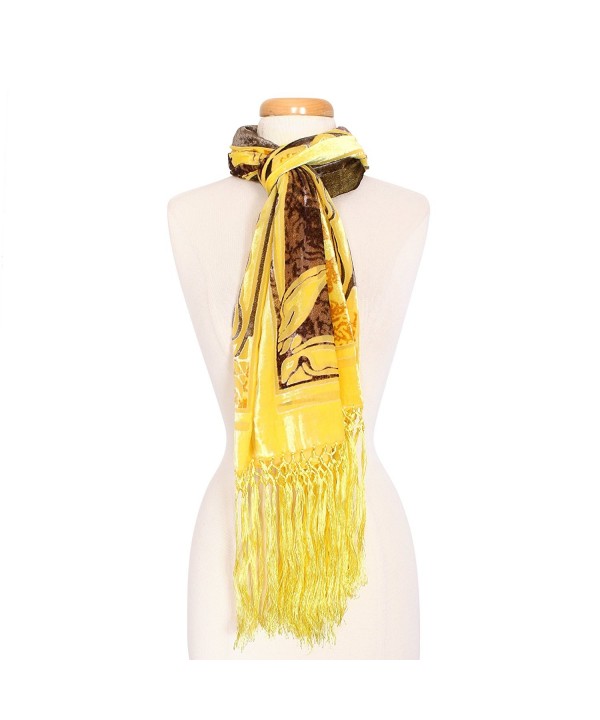 Lily and Bamboo Designed Velvet Touch Long Scarf with Tassel - Yellow - CF1875N5OYT