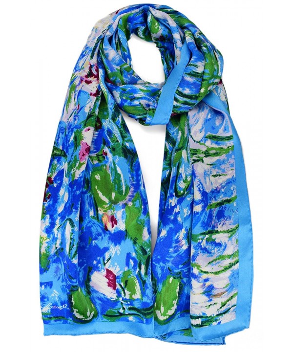 ELEGNA Women 100% Silk Art Collection Scarves Long Shawl Hand Rolled Edge - G-claude Monet's Water Lilies - CR11BEIINZN