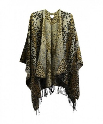 Women's Ruana Wrap Fringed Shawl Open Front Poncho- Chevron and Leopard - Leopard - CX12N81U3OU