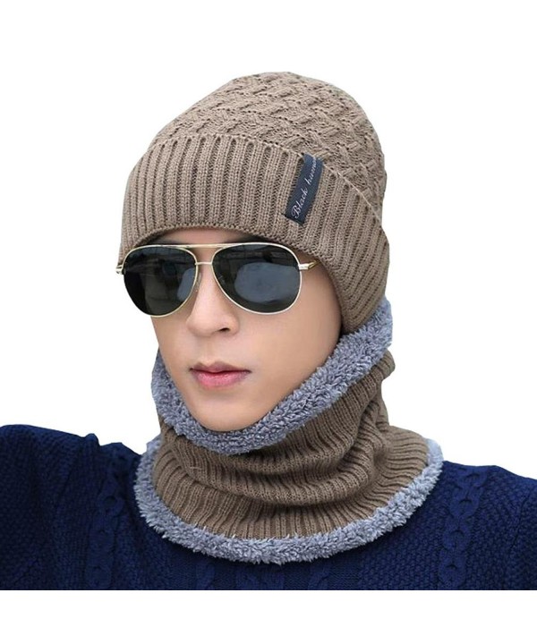 Novawo Knit Warm Fleece Lined Skull Cap Beanie Hat - Khaki With Neck Warmer - CZ12O8DXJDC