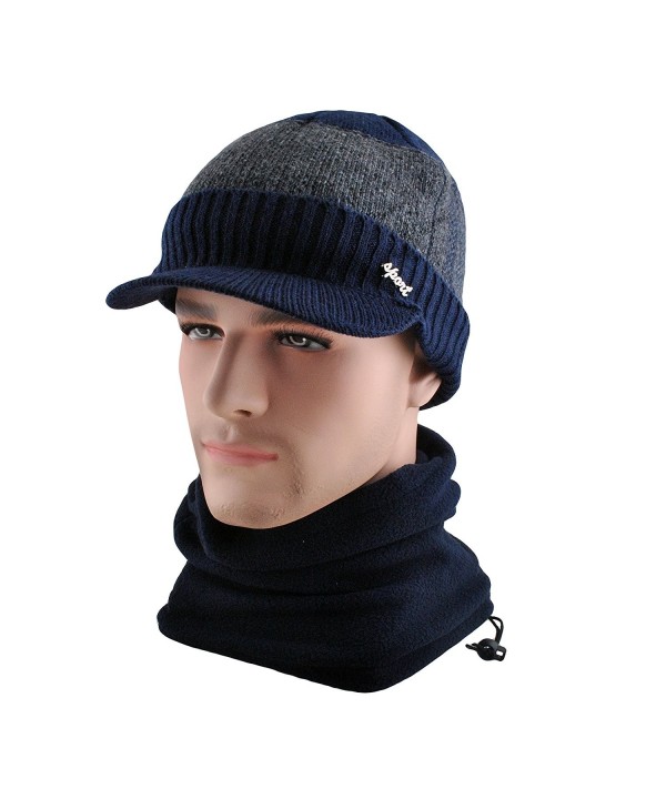 EINSKEY Mens Wool Knit Visor Beanie Winter Hat & Scarf Set Fleece Mask Neck Warmer - Navy Blue - CG12ELME18L