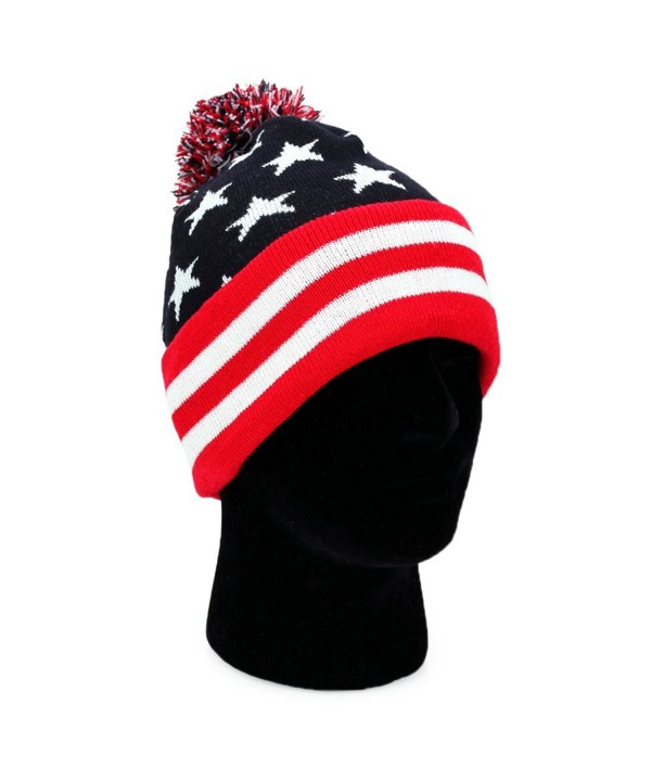 ACE USA Beanie Pom Pom Winter Knit Hat Cap American Flag - Star/Red/Navy - CN12O0L6I33