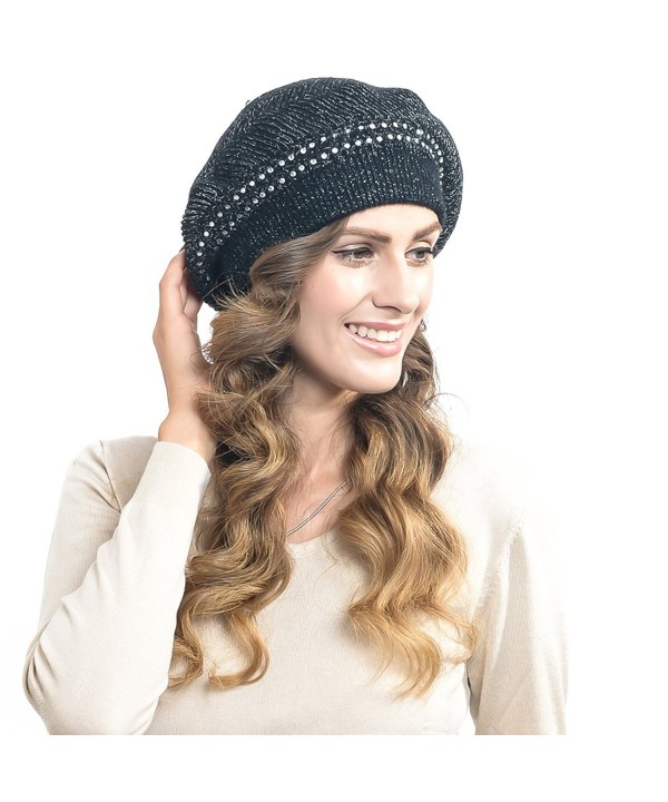 FORBUSITE Women's Casual Rabbit Beret Beanie with Rhinestone Oversize 15s - Black - C51284RFQWT