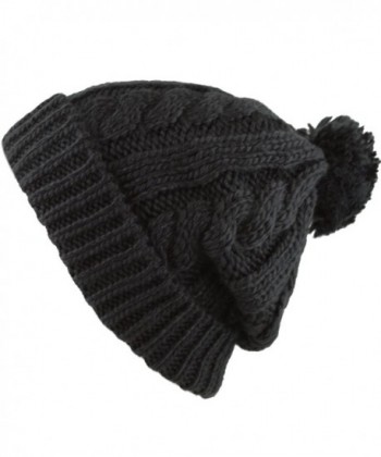 THE HAT DEPOT Winter Unisex Thick and Warm Pom Pom Fleece Lined Skully Knit Beanie Hat - Black - C4127DIDIL1